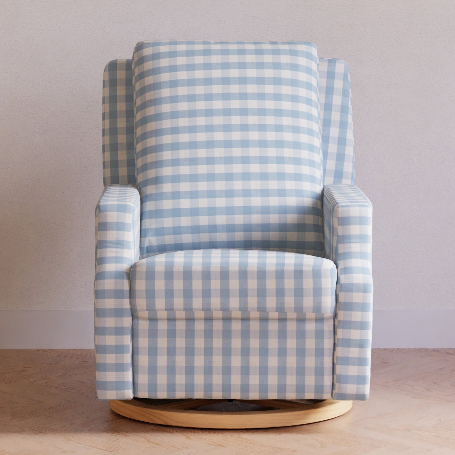 M22286BGHLB,Crewe Electronic Swivel Glider Recliner in Blue Gingham with Light Wood Base