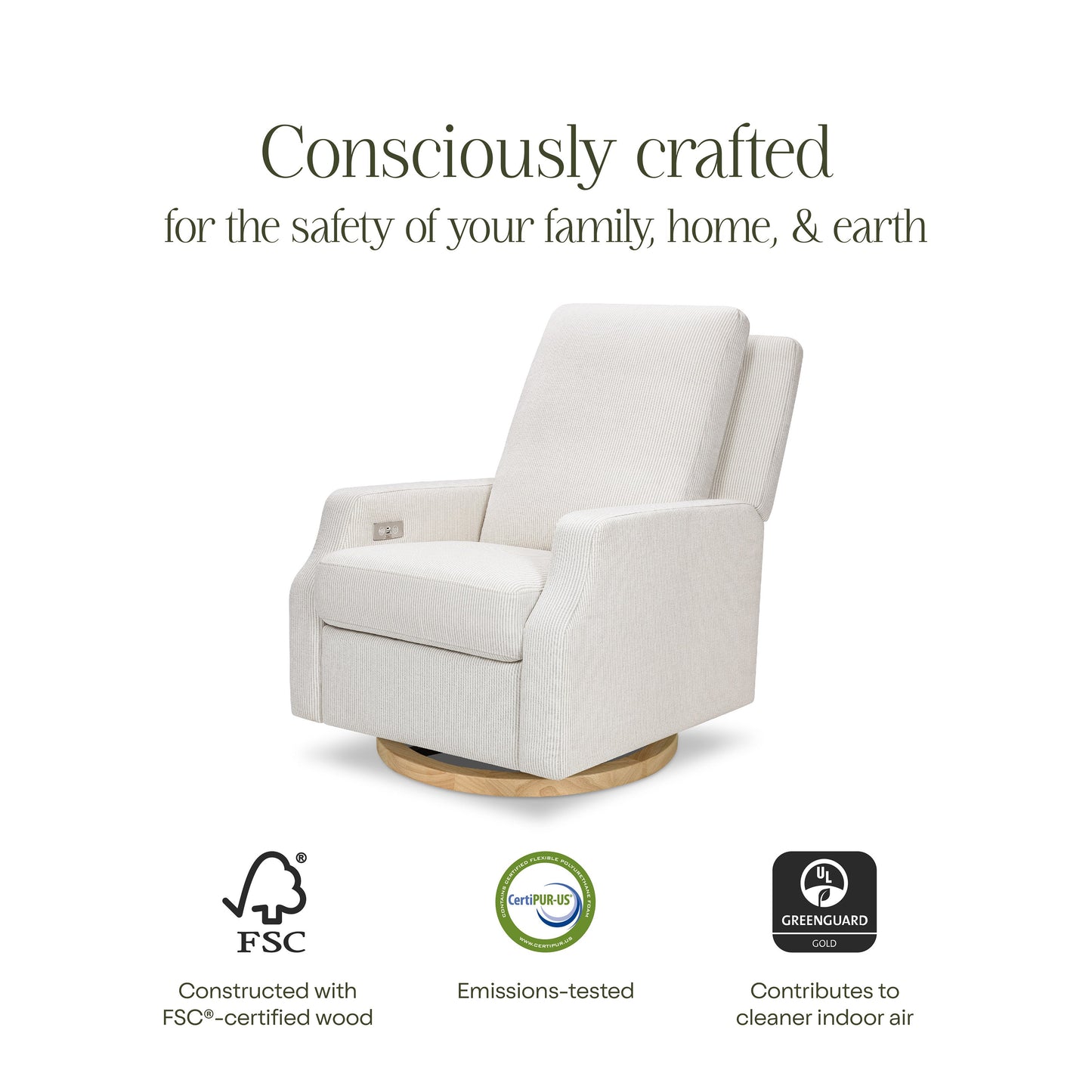 M22286FCSLB,Crewe Electronic Swivel Glider Recliner in Fog Chatham Stripe Performance Eco-Weave w/LB
