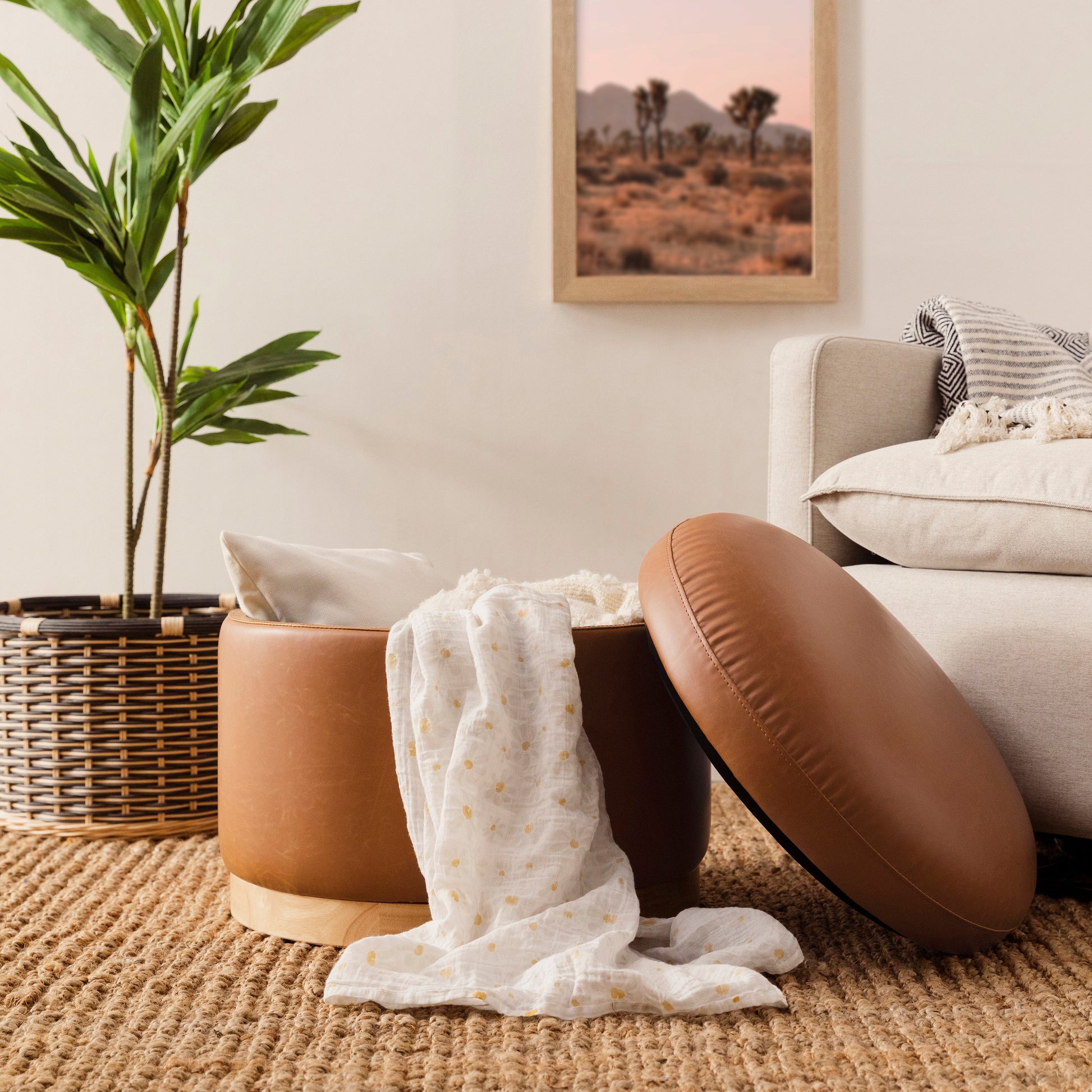 M22885TANLB,Naka Storage Ottoman in Vegan Tan Leather w/ Light Wood Base