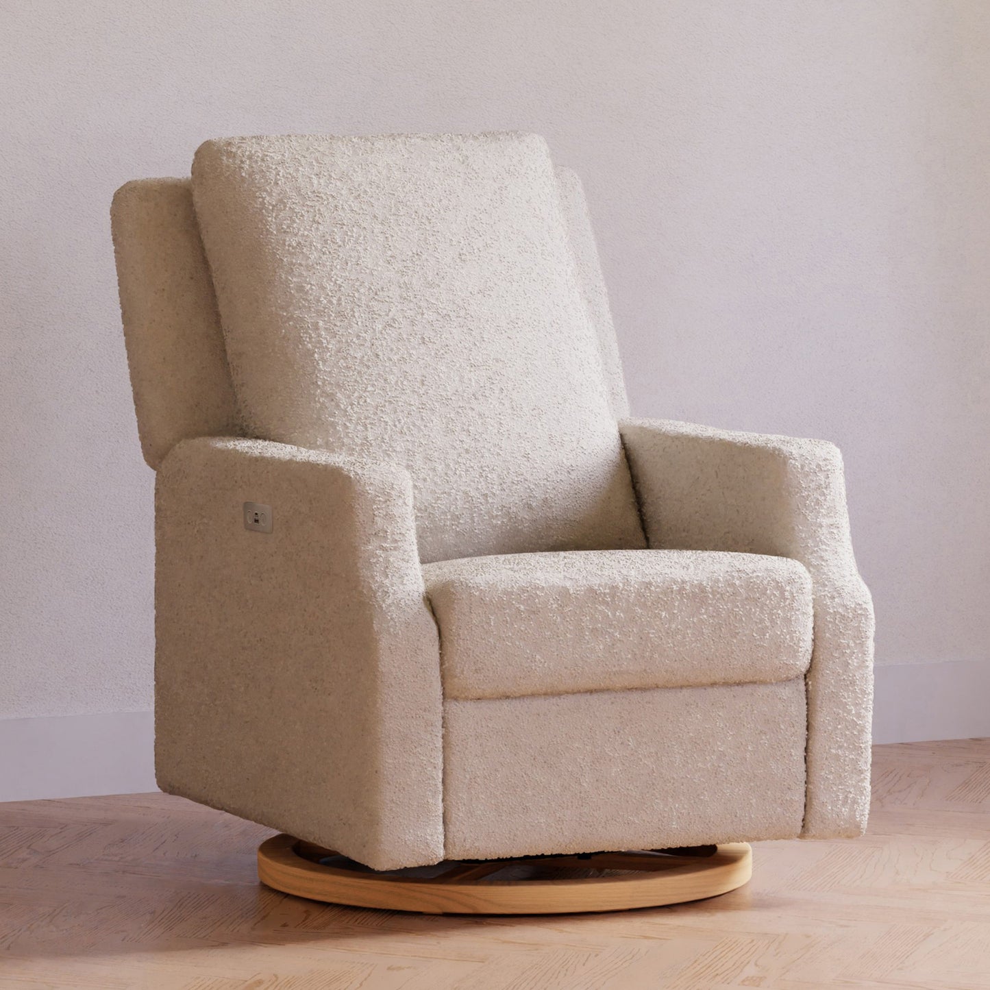 M22286WBLB,Crewe Electronic Swivel Glider Recliner in Ivory Boucle w/Light Wood Base