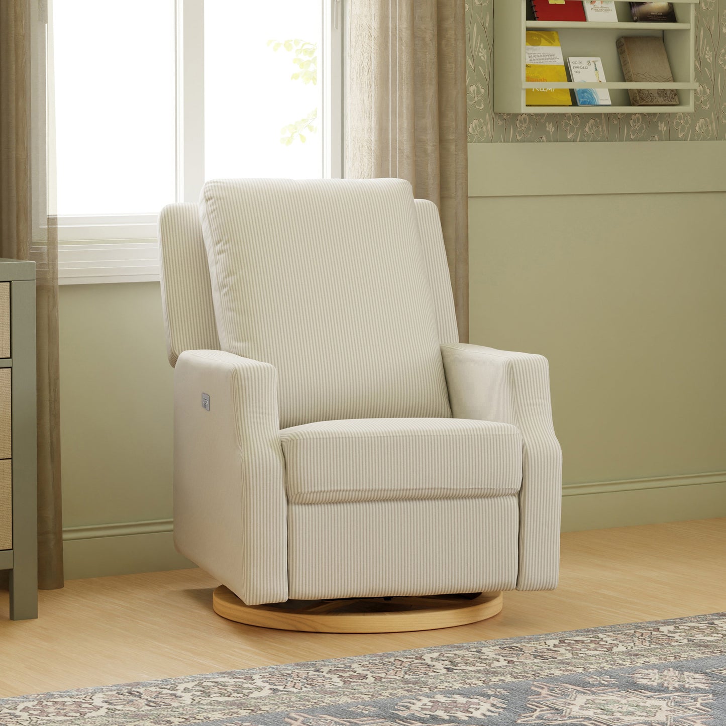 M22286FCSLB,Crewe Electronic Swivel Glider Recliner in Fog Chatham Stripe Performance Eco-Weave w/LB