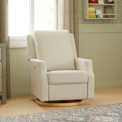 M22286FCSLB,Crewe Electronic Swivel Glider Recliner in Fog Chatham Stripe Performance Eco-Weave w/LB