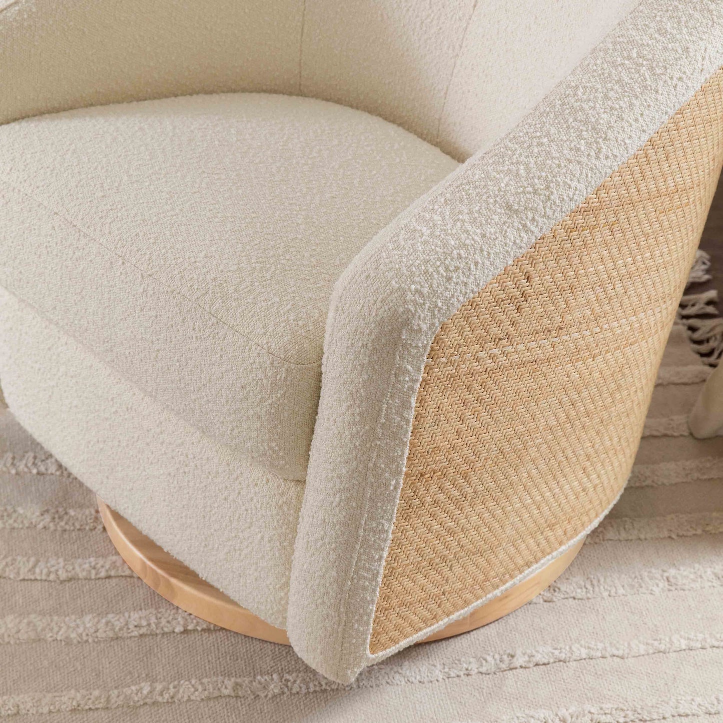 M5887WBCL,Madison Swivel Glider in Ivory Boucle and Cane w/Light Wood Base
