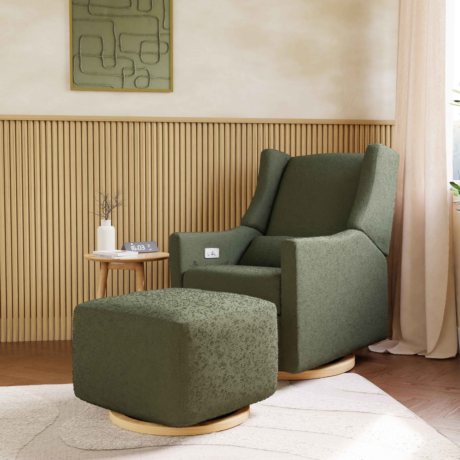 M26385OBLB,Kiwi Gliding Ottoman in Olive Boucle w/ Light Wood Base