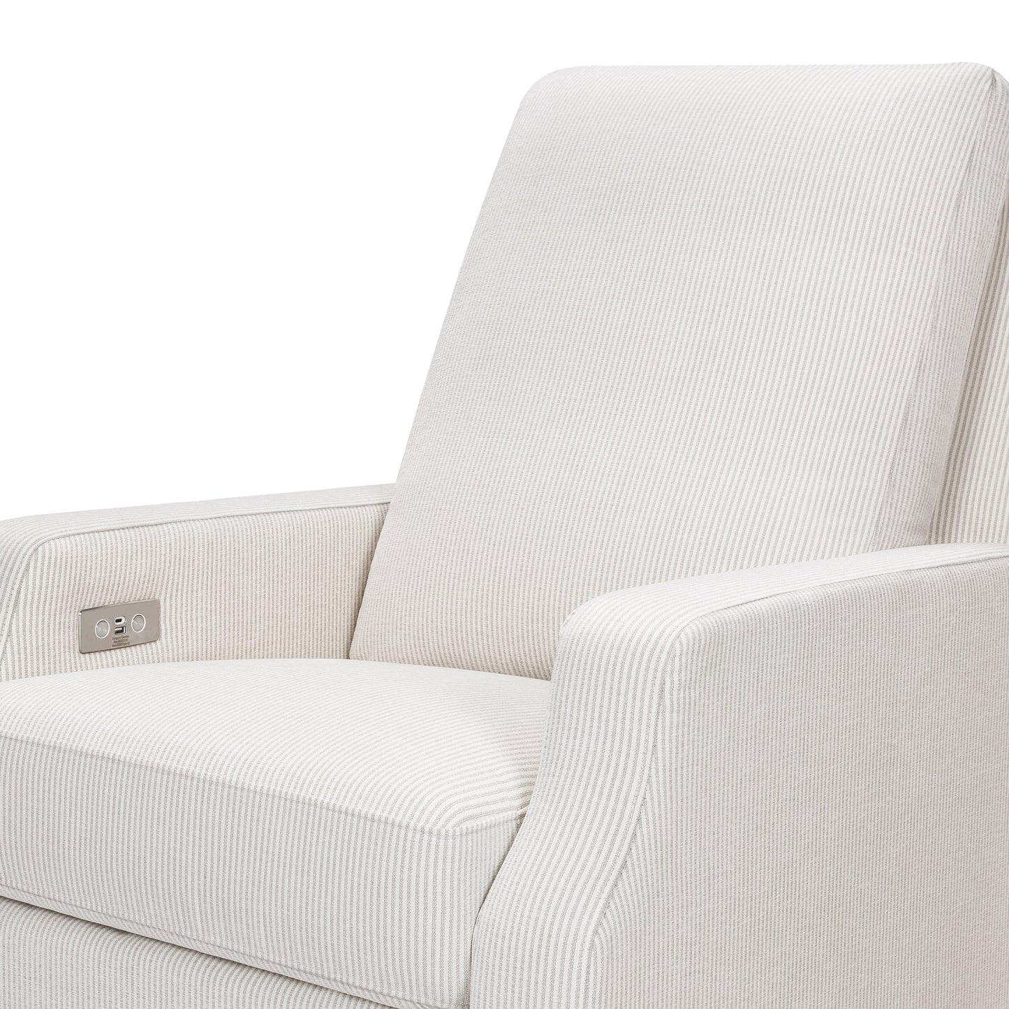 M22286FCSLB,Crewe Electronic Swivel Glider Recliner in Fog Chatham Stripe Performance Eco-Weave w/LB