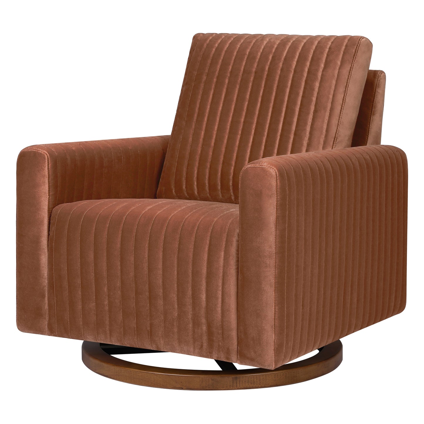 M26687RTVDB,Poe Channeled Swivel Glider in Rust Velvet with Dark Wood Base