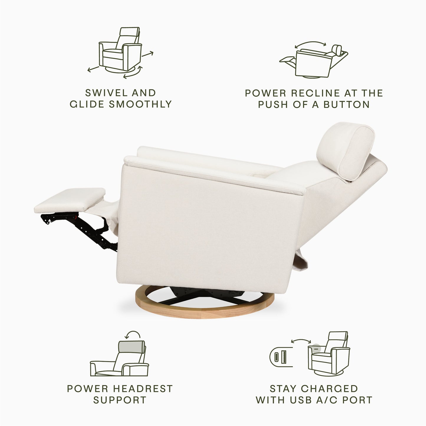 B17186PCMEWLB,Willa Plus Power Glider Recliner w/ Power Headrest in Performance Cream Eco-Weave w/Light Wood base