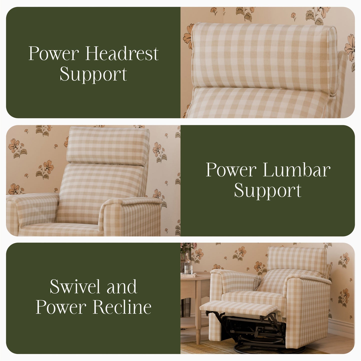 M17182TGH,Willa Pro Power Glider Recliner w/ Power Lumbar in Tan Gingham
