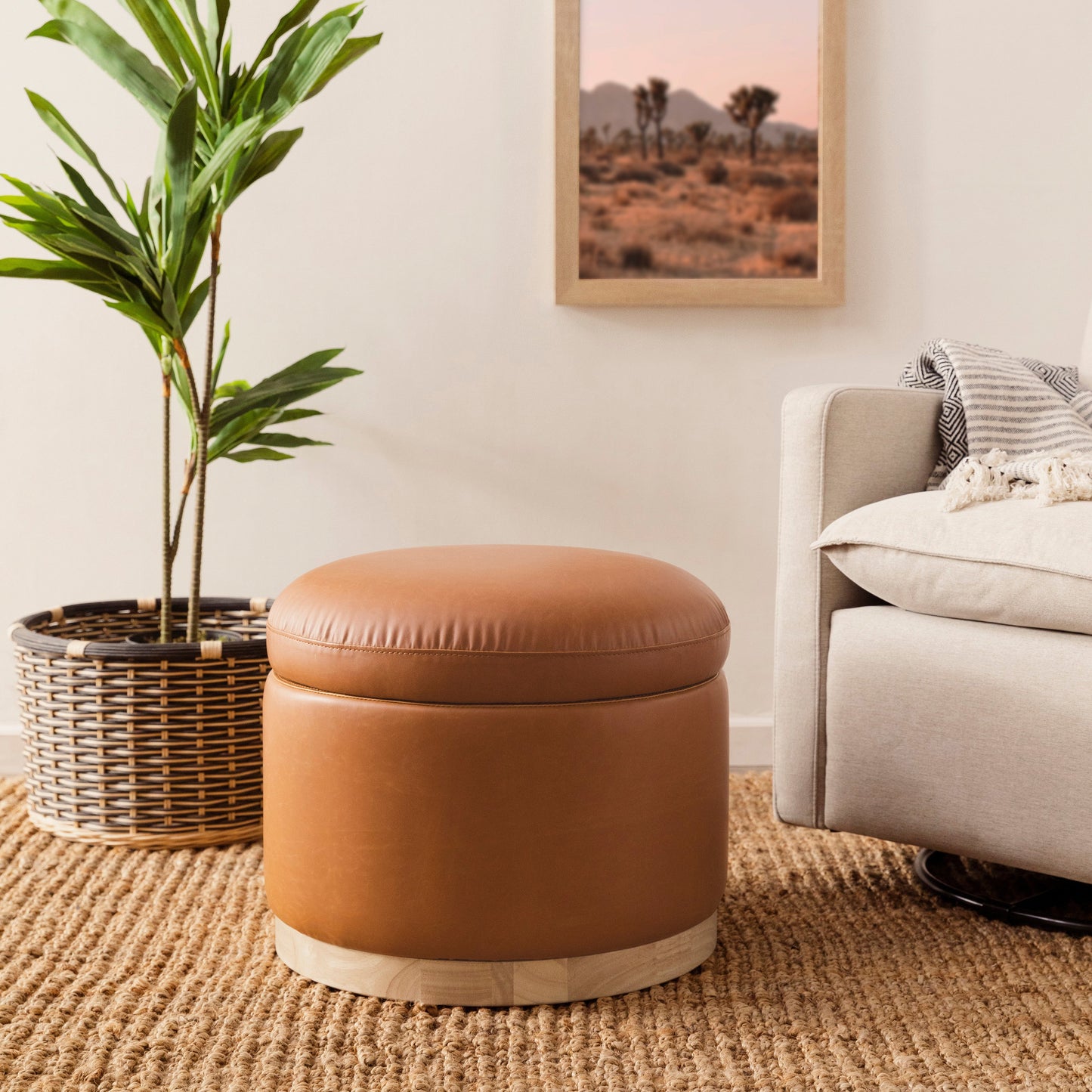 M22885TANLB,Naka Storage Ottoman in Vegan Tan Leather w/ Light Wood Base