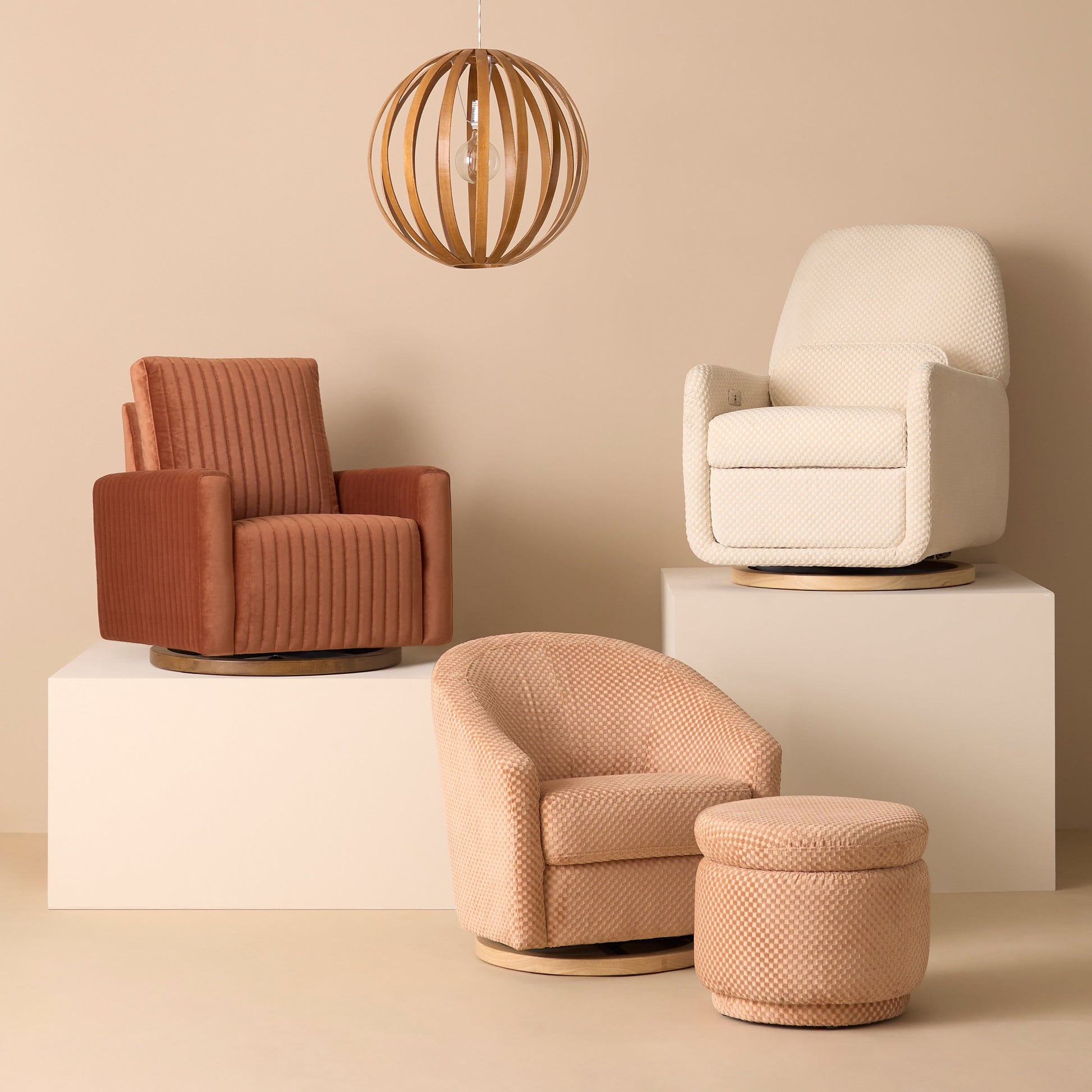 M26687RTVDB,Poe Channeled Swivel Glider in Rust Velvet with Dark Wood Base