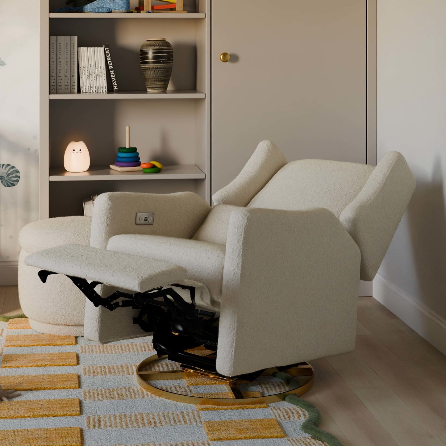 M11288WBG,Kiwi Glider Recliner w/ Electronic Control and USB in Ivory Boucle w/Gold Base