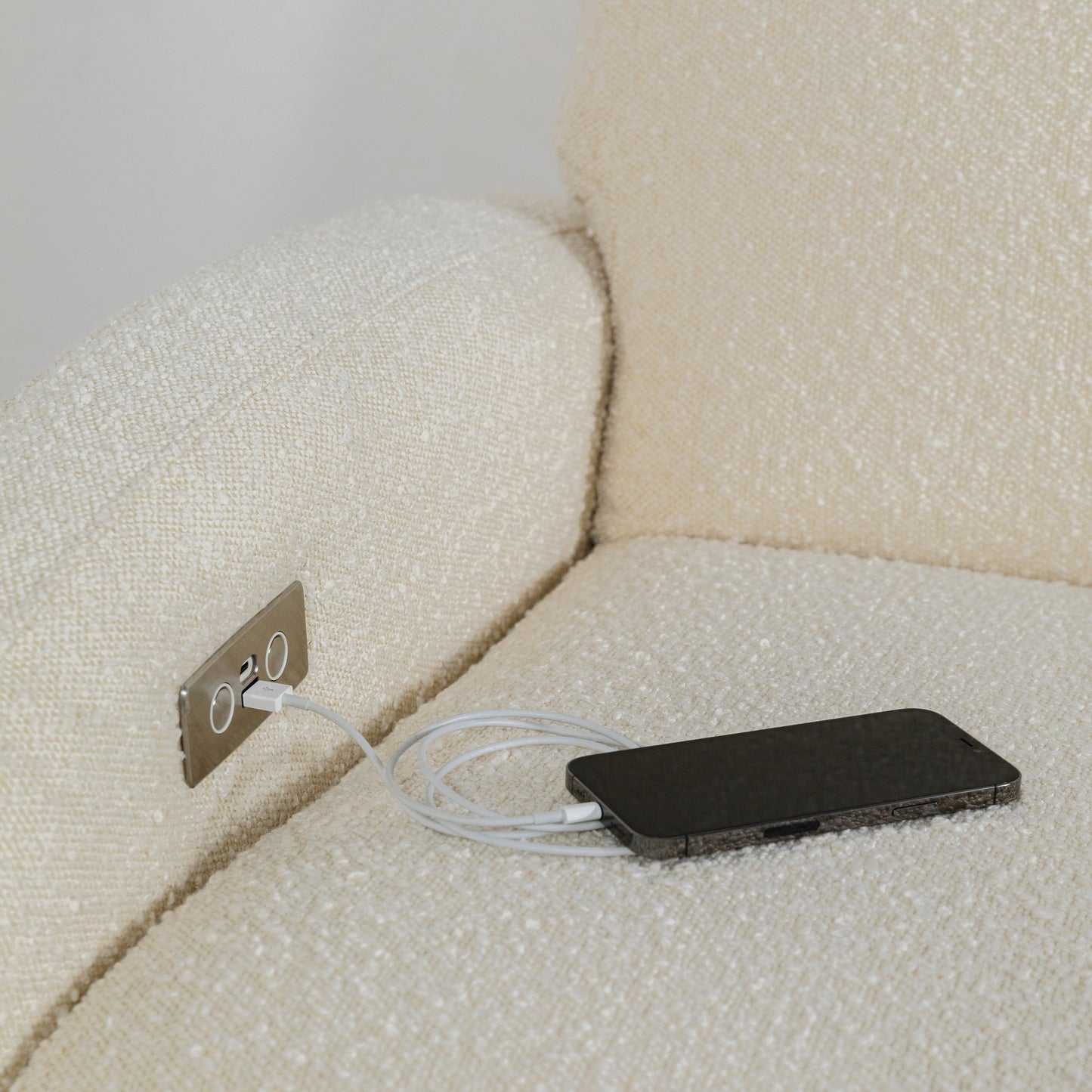 M23188WBLB,Nami Glider Recliner w/ Electronic Control and USB in Ivory Boucle w/Light Wood Base
