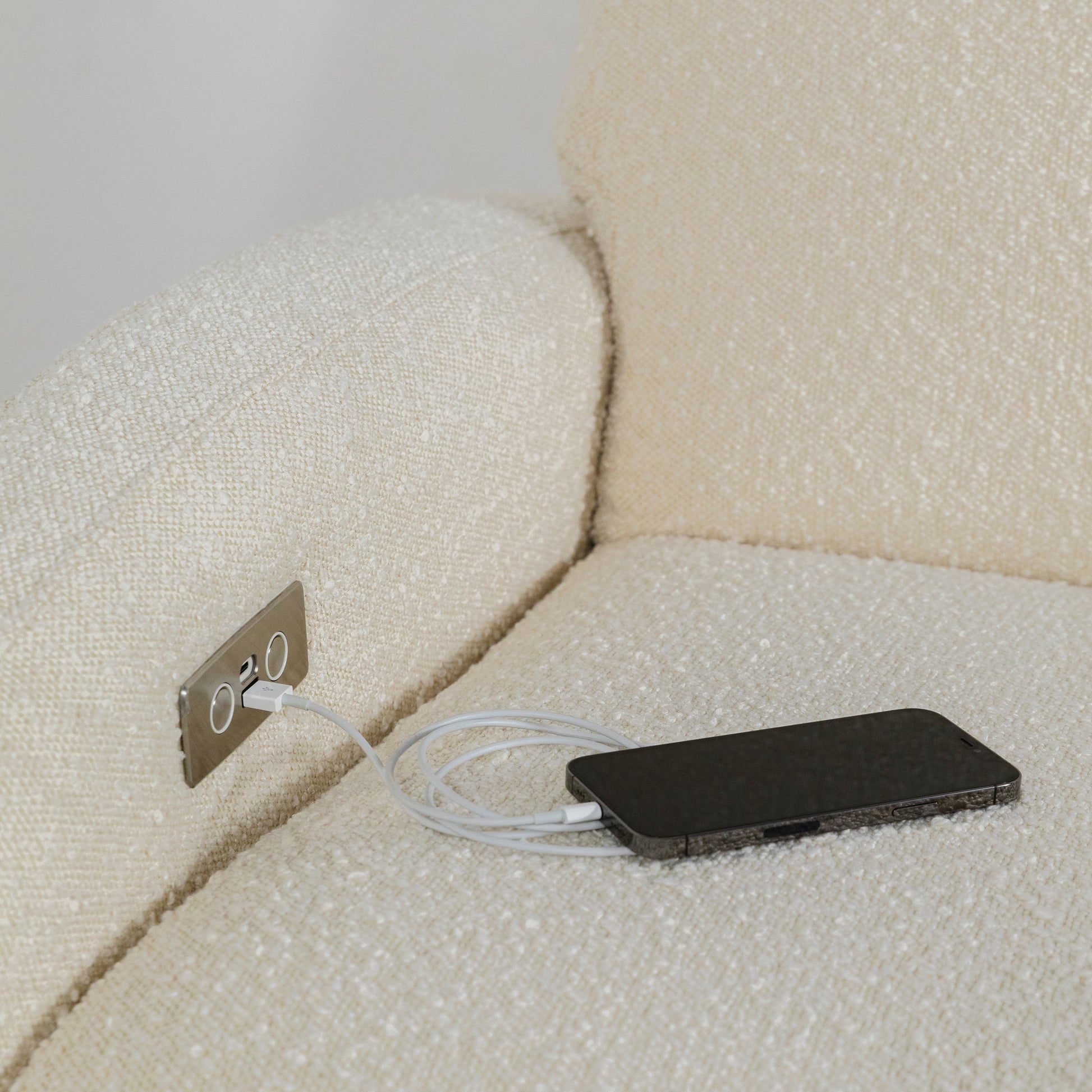 M23188WBLB,Nami Glider Recliner w/ Electronic Control and USB in Ivory Boucle w/Light Wood Base
