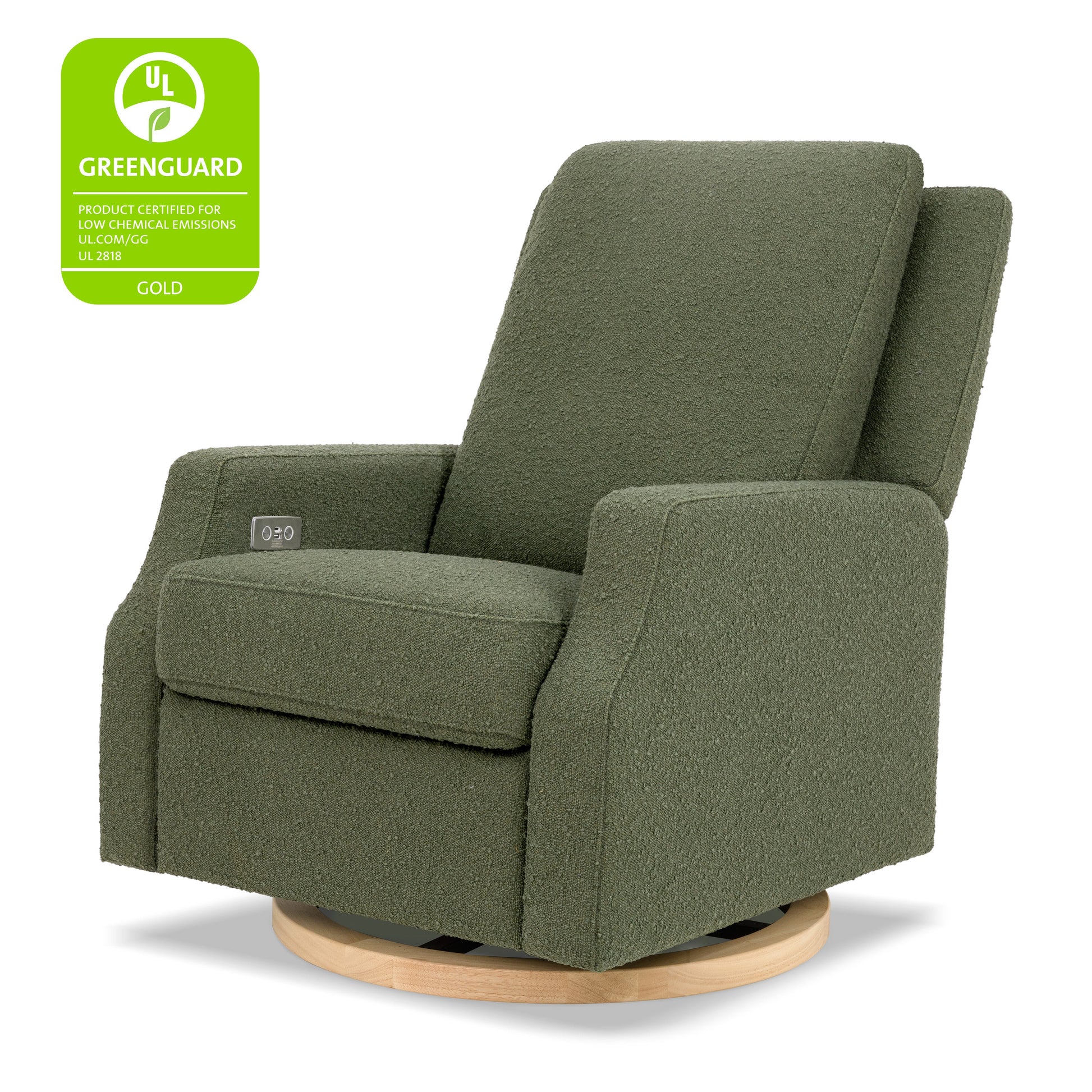 M22286OBLB,Crewe Electronic Swivel Glider Recliner in Olive Boucle w/Light Wood Base