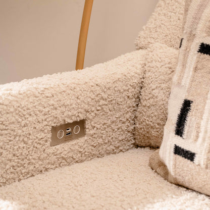 M11288ATLB,Kiwi Glider Recliner w/ Electronic Control and USB in Almond Teddy Loop w/ Light Wood Base