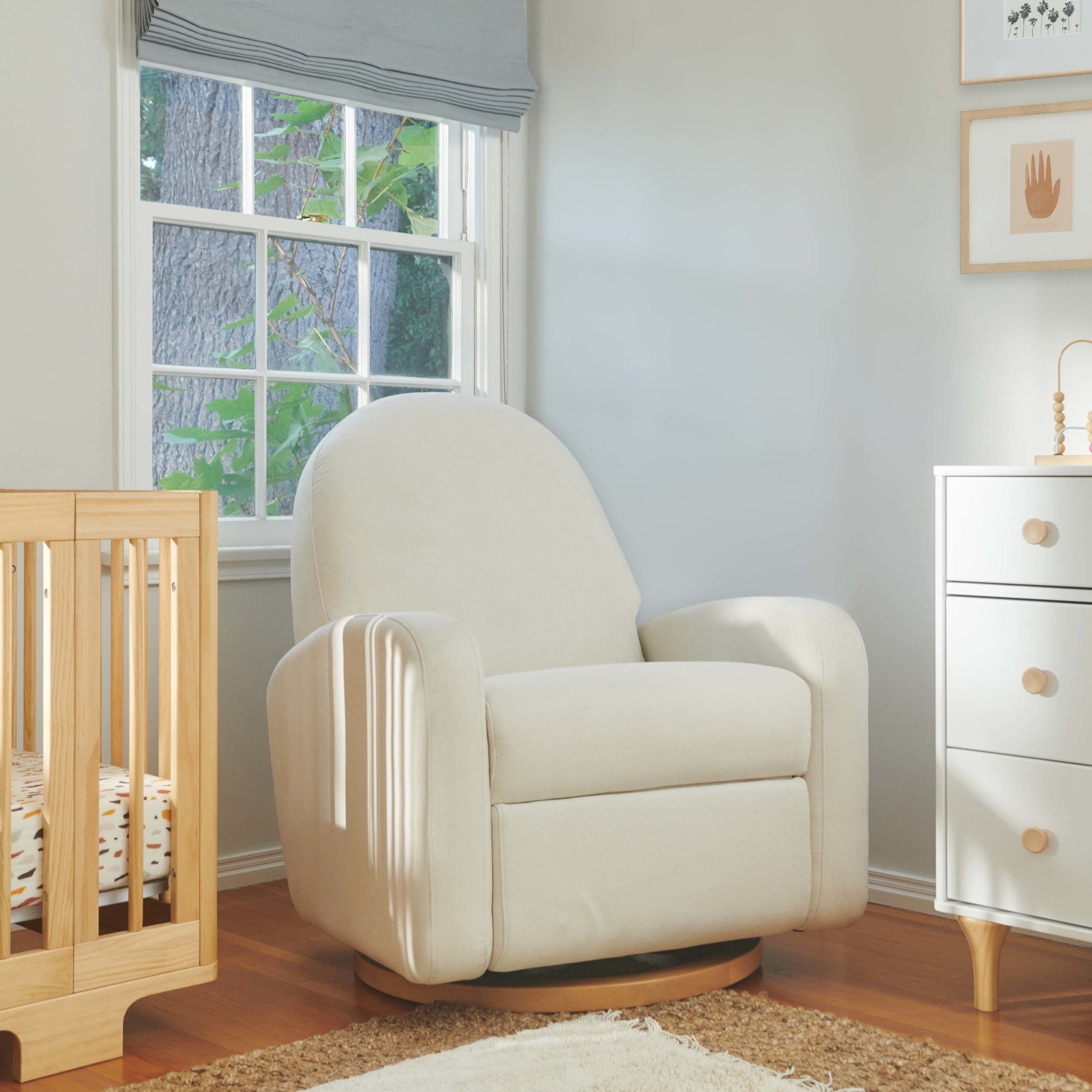 M23188PCMEWLB,Nami Glider Recliner w/ Electronic Control and USB in Performance Cream Eco-Weave w/Light wood base
