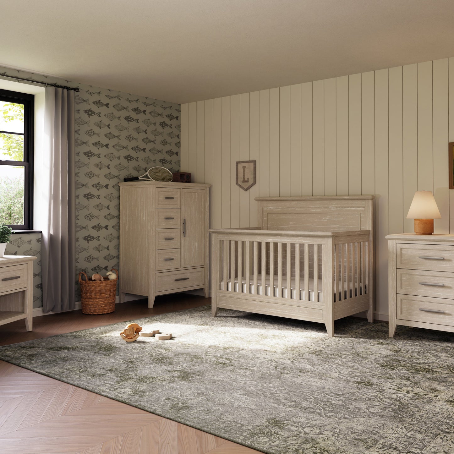M24401SDB,Beckett Rustic 4-in-1 Convertible Flat Top Crib in Sandbar