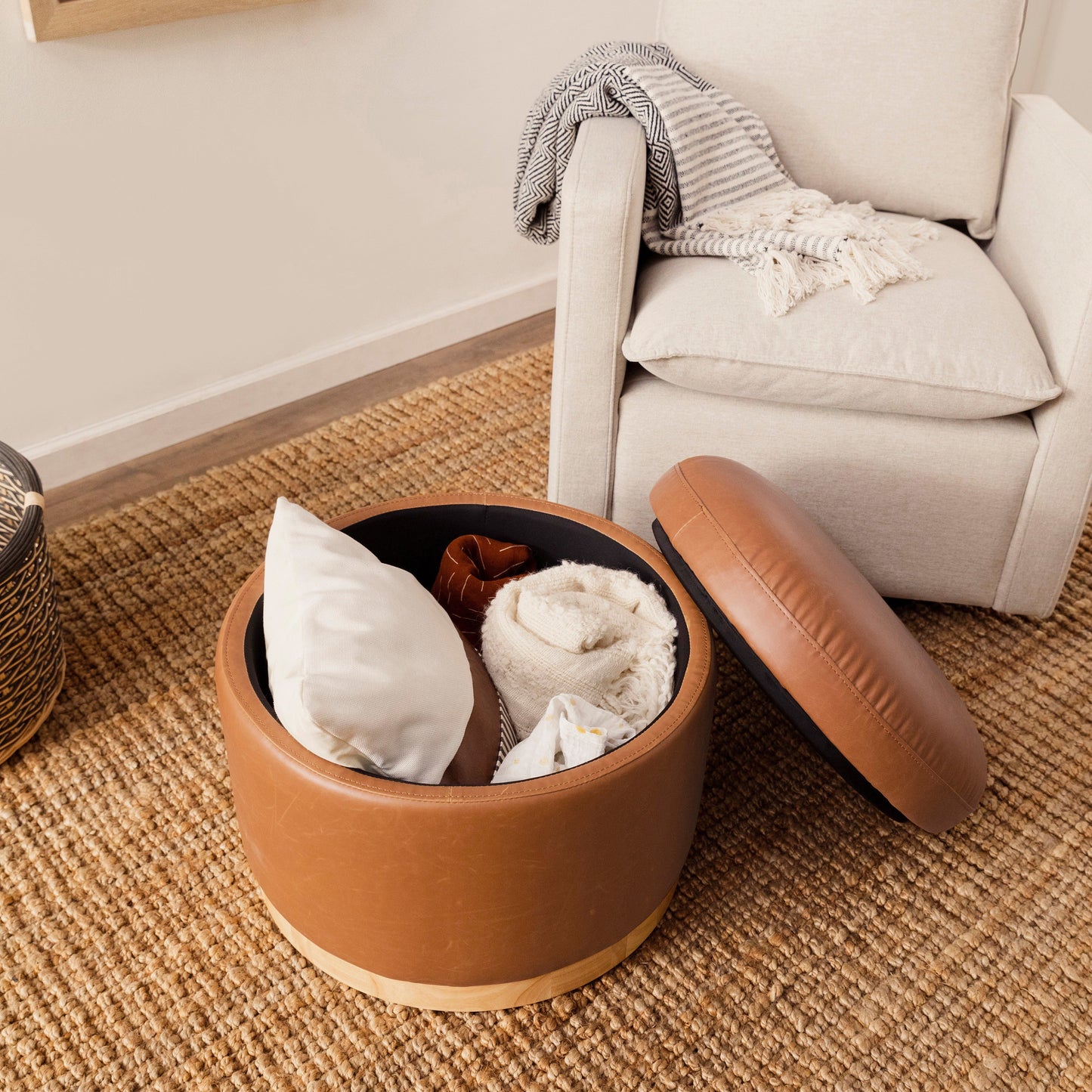 M22885TANLB,Naka Storage Ottoman in Vegan Tan Leather w/ Light Wood Base