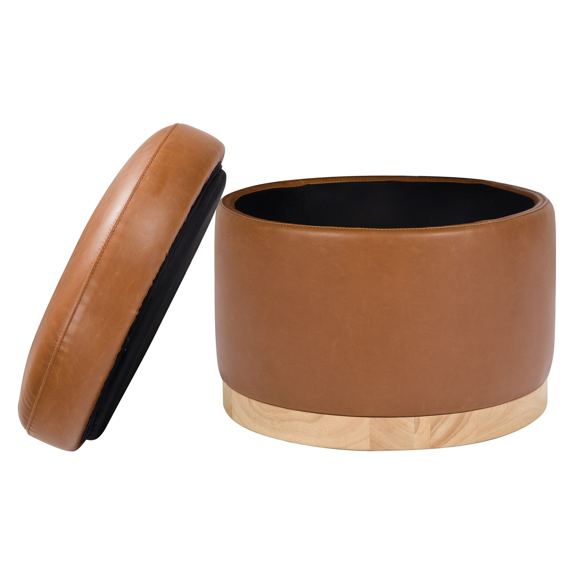 M22885TANLB,Naka Storage Ottoman in Vegan Tan Leather w/ Light Wood Base