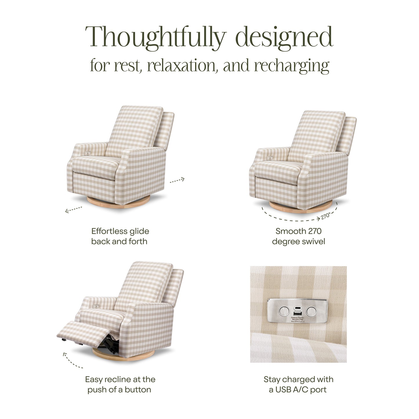 M22286TGHLB,Crewe Electronic Swivel Glider Recliner in Tan Gingham with Light Wood Base