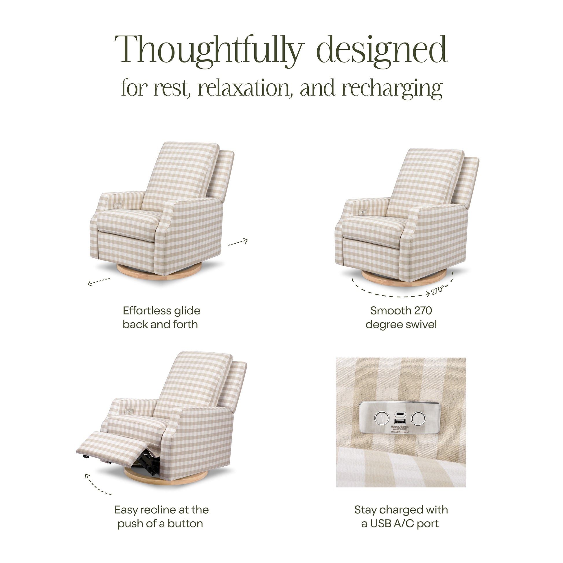 M22286TGHLB,Crewe Electronic Swivel Glider Recliner in Tan Gingham with Light Wood Base