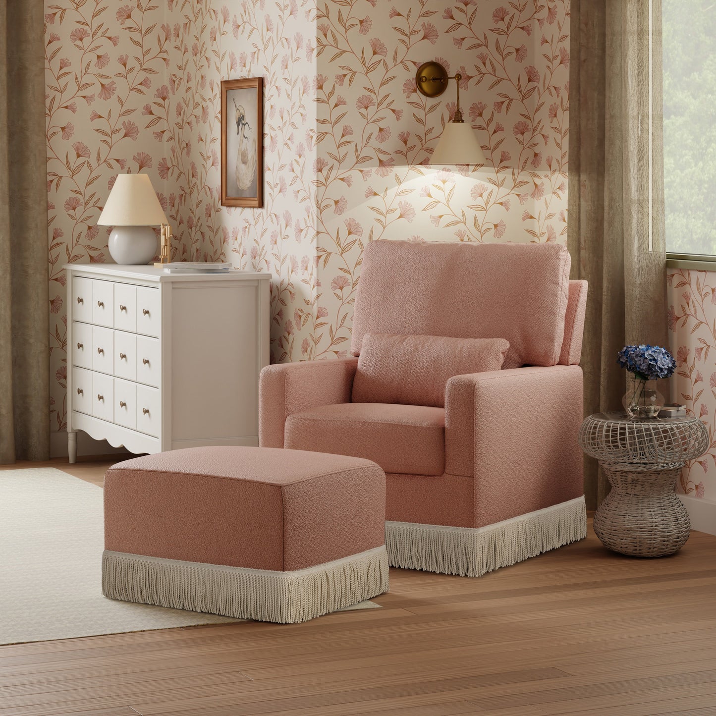 M21787RSBIF,Crawford Pillowback Comfort Swivel Glider in Rose Boucle with Ivory Tassel Fringe