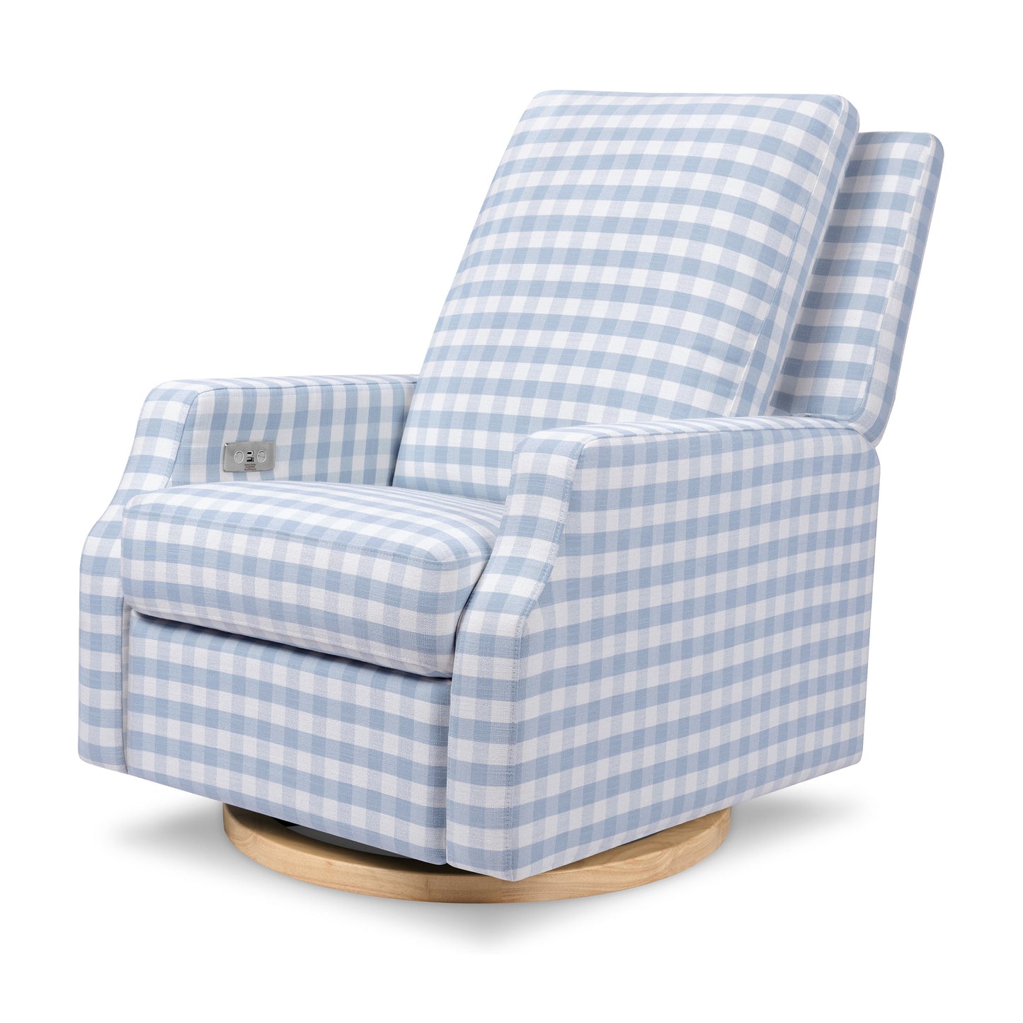 M22286BGHLB,Crewe Electronic Swivel Glider Recliner in Blue Gingham with Light Wood Base
