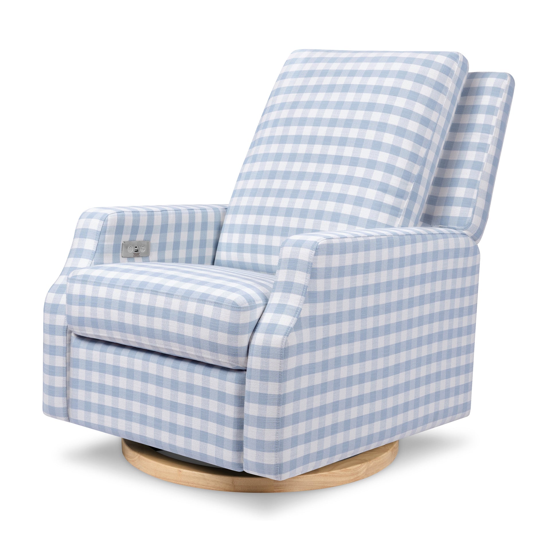 M22286BGHLB,Crewe Electronic Swivel Glider Recliner in Blue Gingham with Light Wood Base