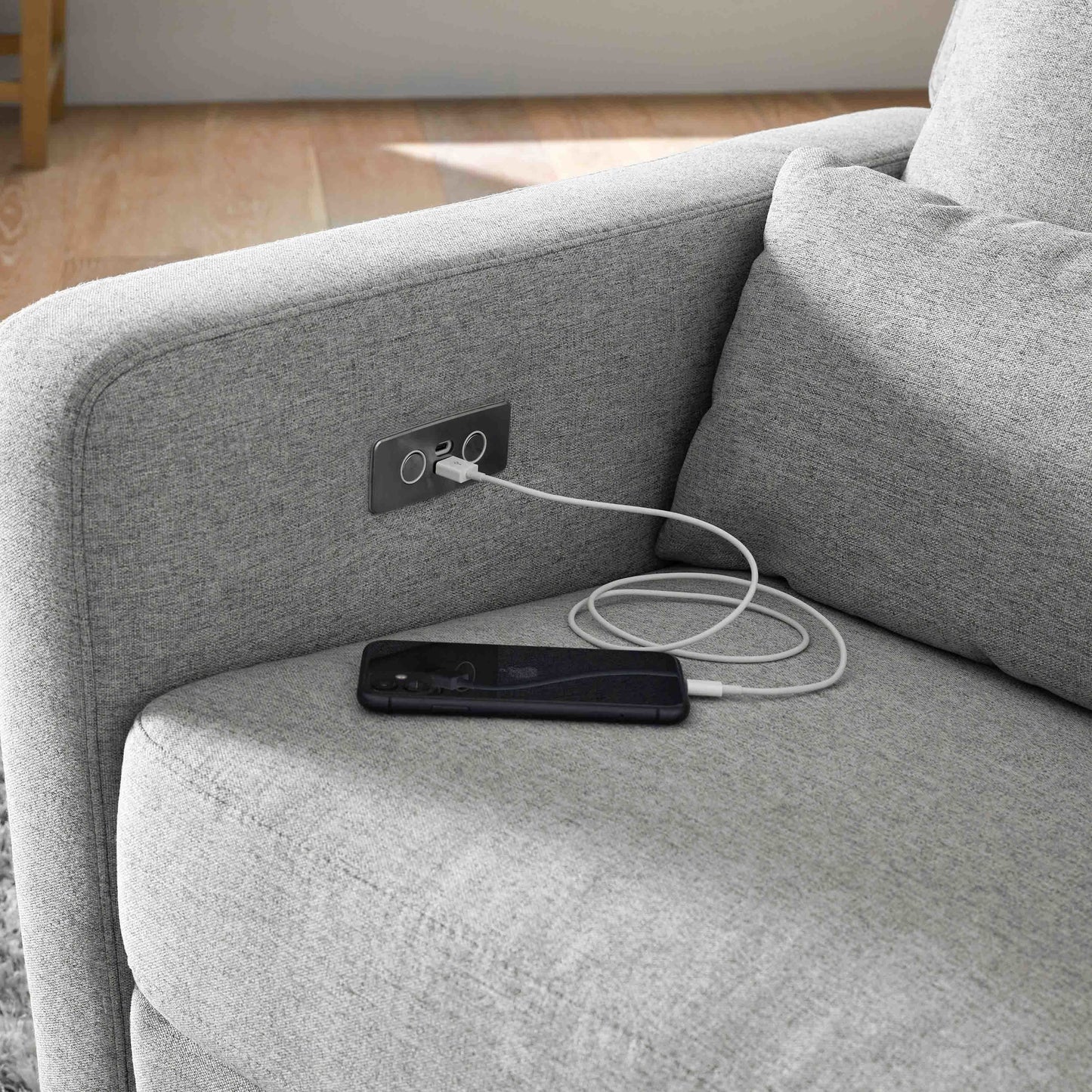 M23085PGEWLB,Sigi Glider Recliner w/ Electronic Control and USB in Performance Grey Eco-Weave w/Light Wood Base
