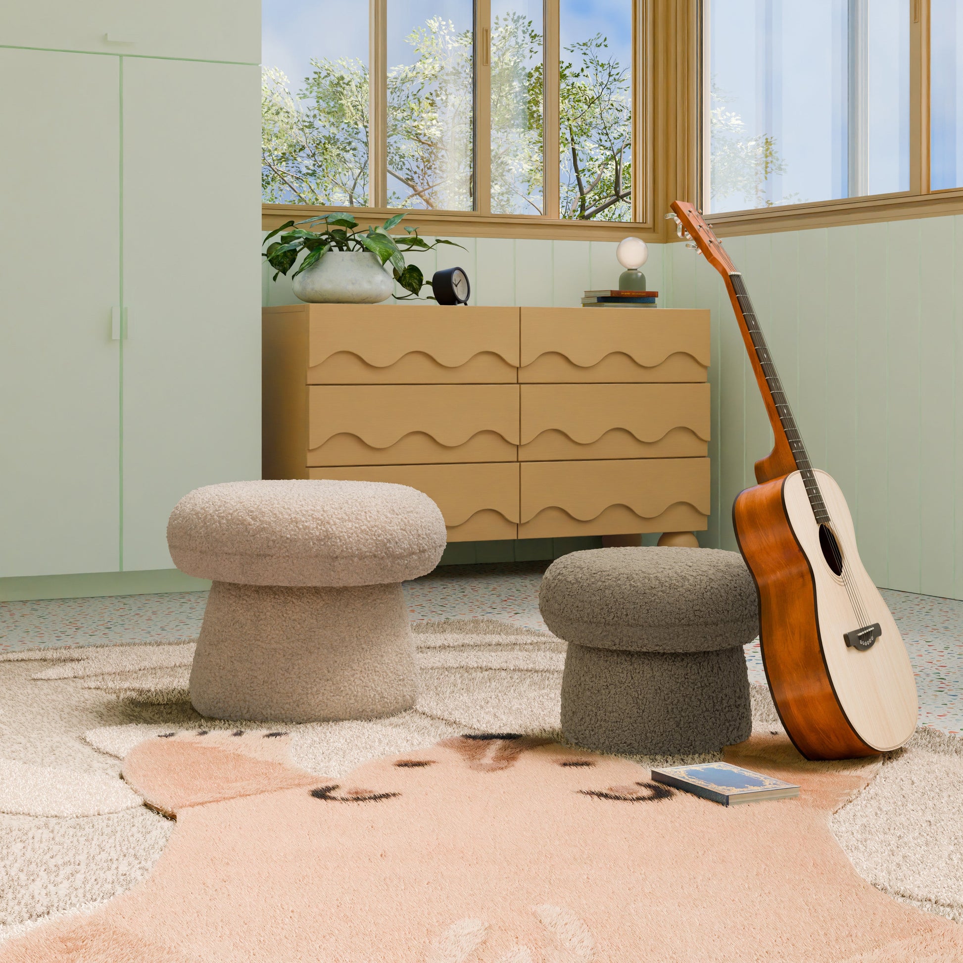 M31685CSG,Mushroom Pouf in Chai Shearling