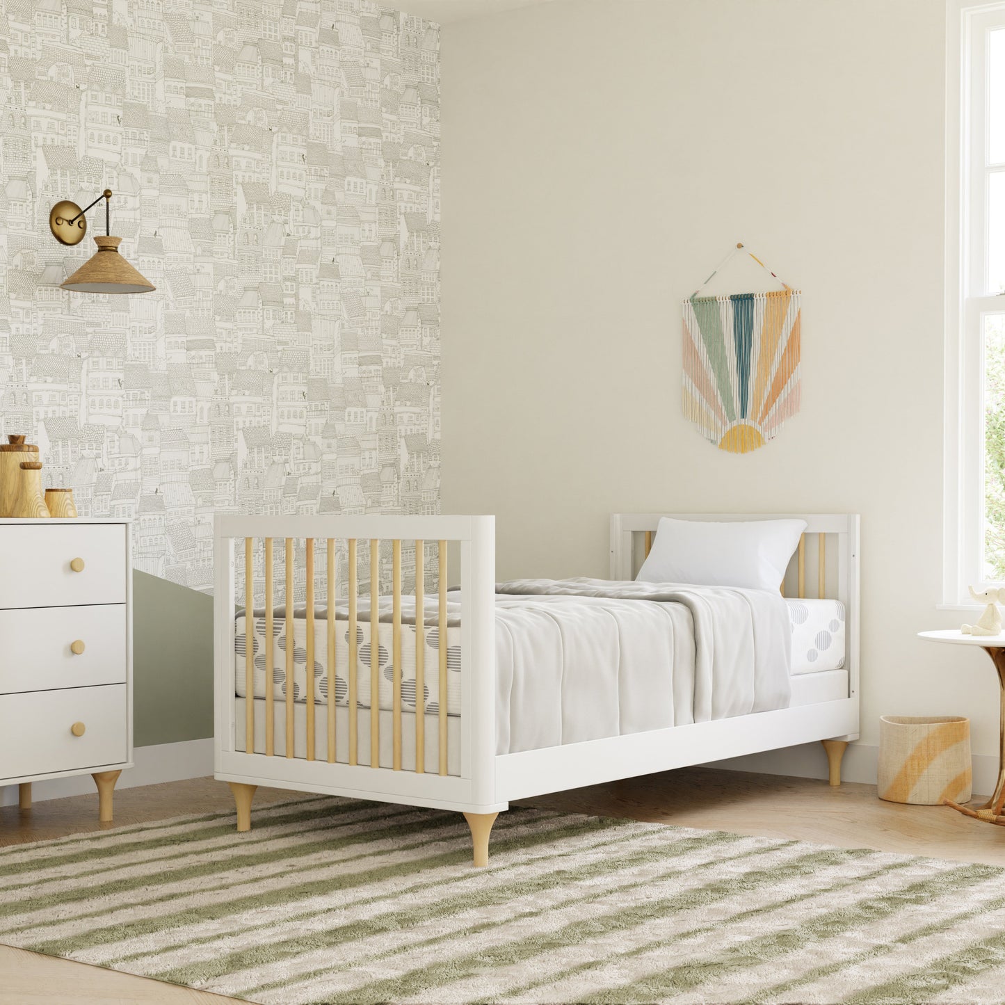 M9098WN,Lolly 4-in-1 Convertible Mini Crib and Twin Bed w/Toddler Bed Conversion Kit in White/Natural