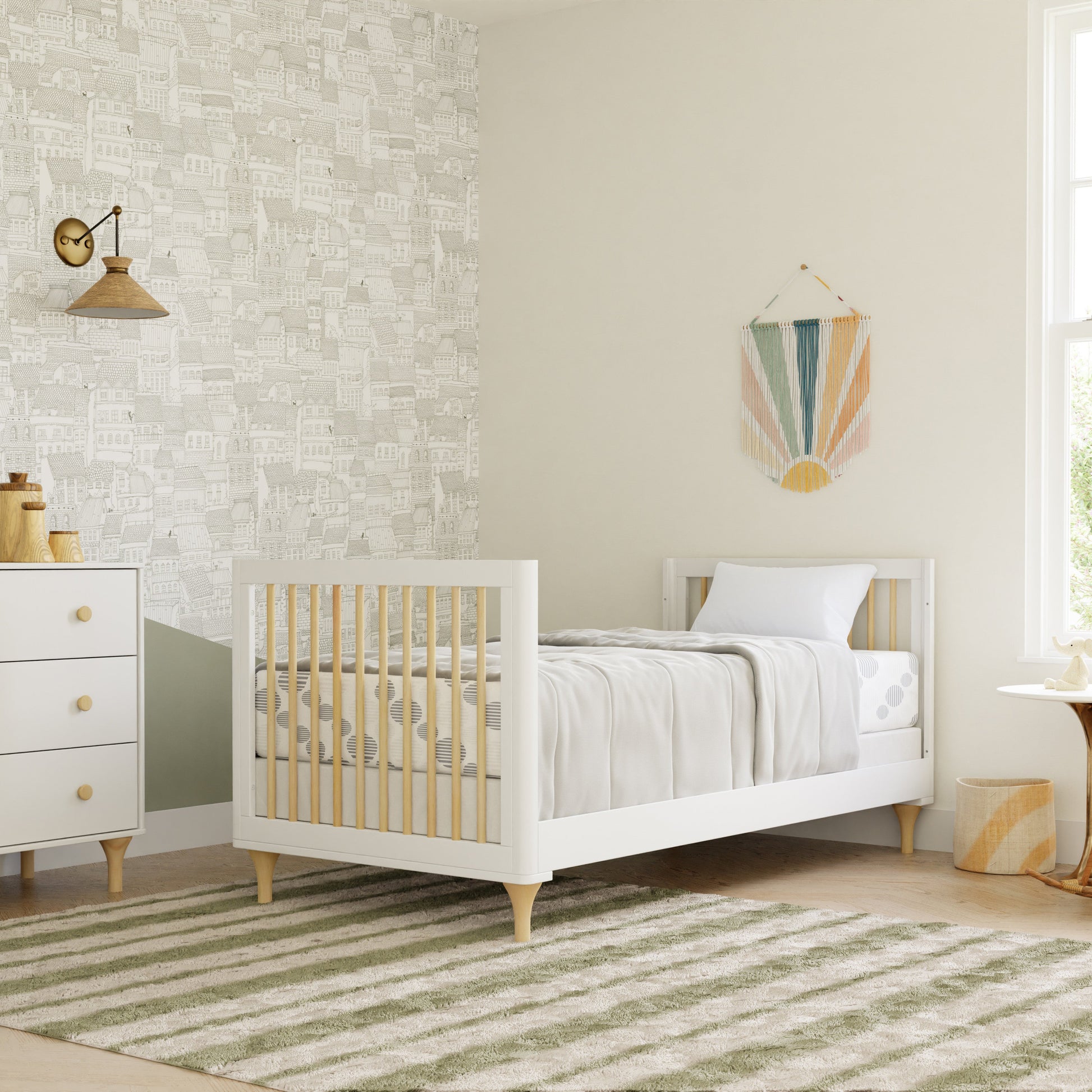 M9098WN,Lolly 4-in-1 Convertible Mini Crib and Twin Bed w/Toddler Bed Conversion Kit in White/Natural