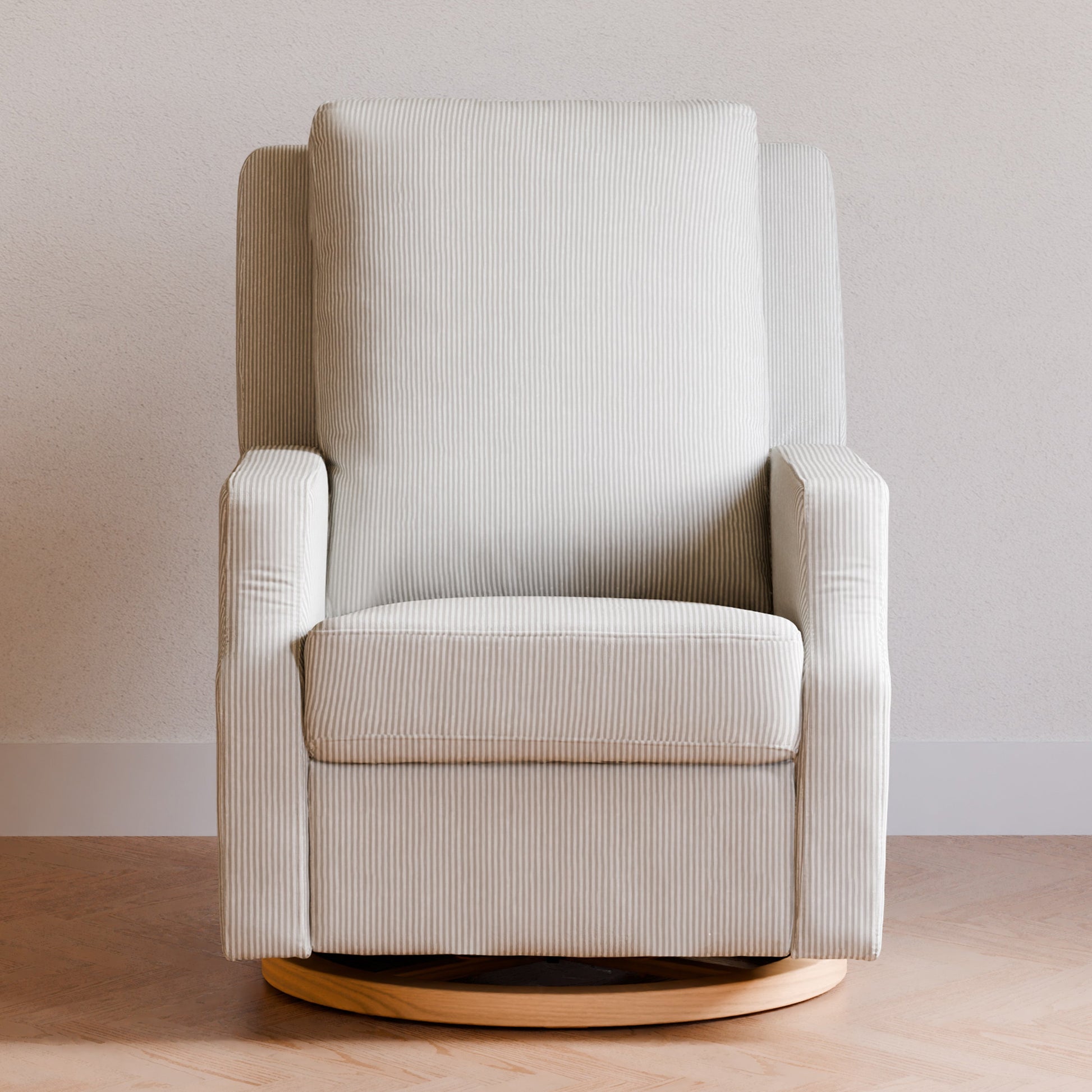 M22287FCSLB,Crewe Recliner and Swivel Glider in Fog Chatham Stripe Performance Eco-Weave w/LB