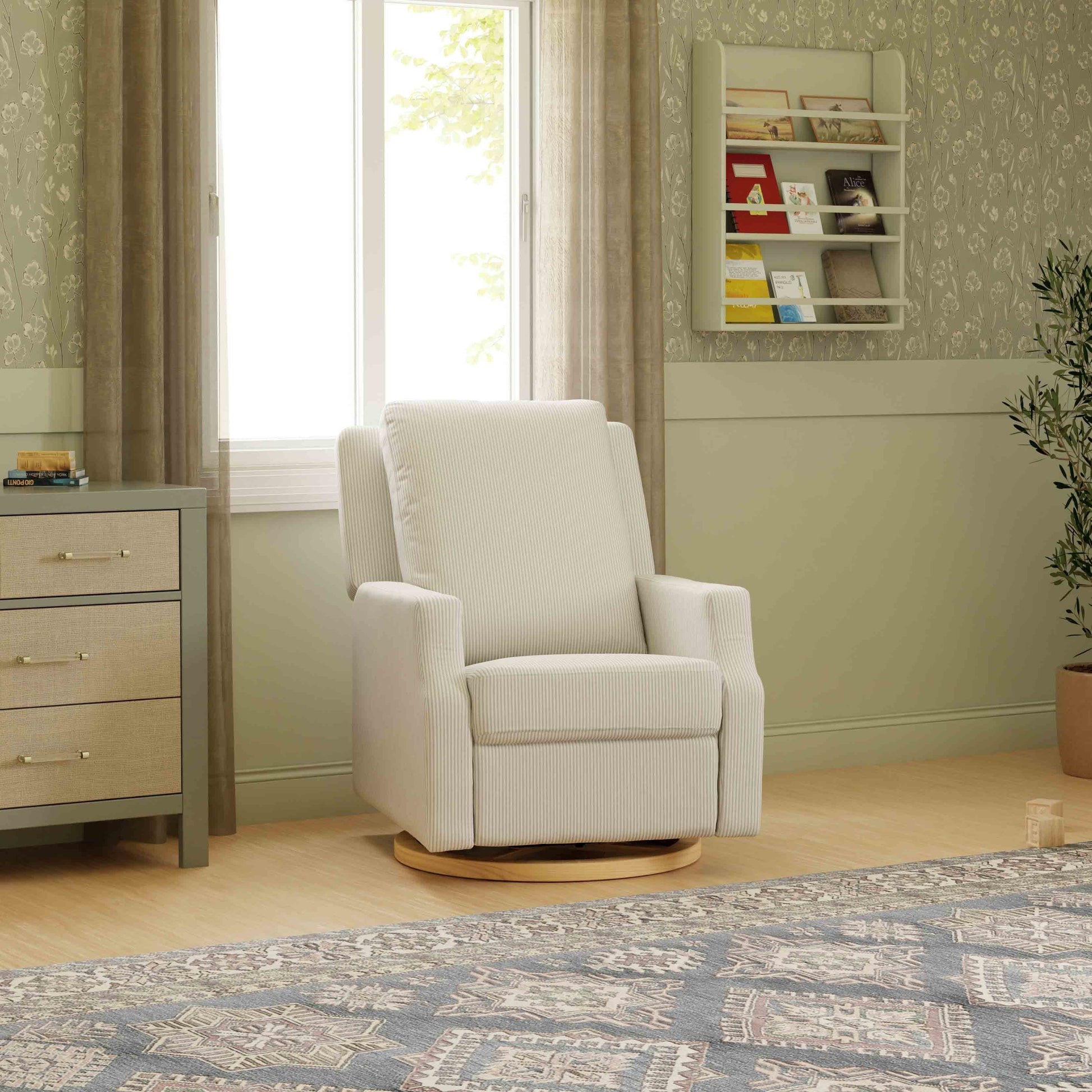 M22286FCSLB,Crewe Electronic Swivel Glider Recliner in Fog Chatham Stripe Performance Eco-Weave w/LB